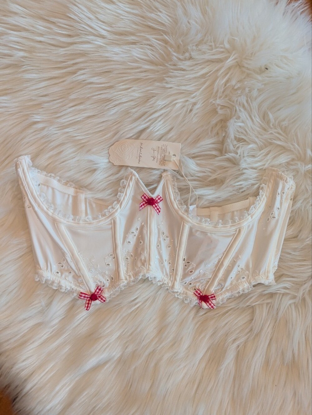 For Love And Lemons White Corset Top With Red Roses And Gingham Bows
